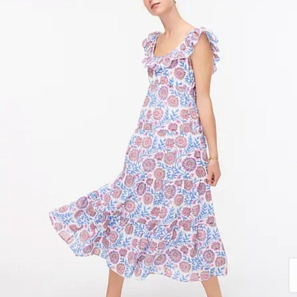 J. CREW Tiered Ruffleneck Dress in Floral Vine Block Print Size Small